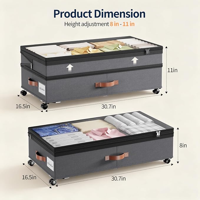 Yecaye 90L Under Bed Storage with Wheels, 8 in-11 in Height Adjustable Under Bed Storage Containers, Under Bed Shoe Storage with Lids & Label, Rolling Underbed Storage bins for Clothes, Toys, Grey