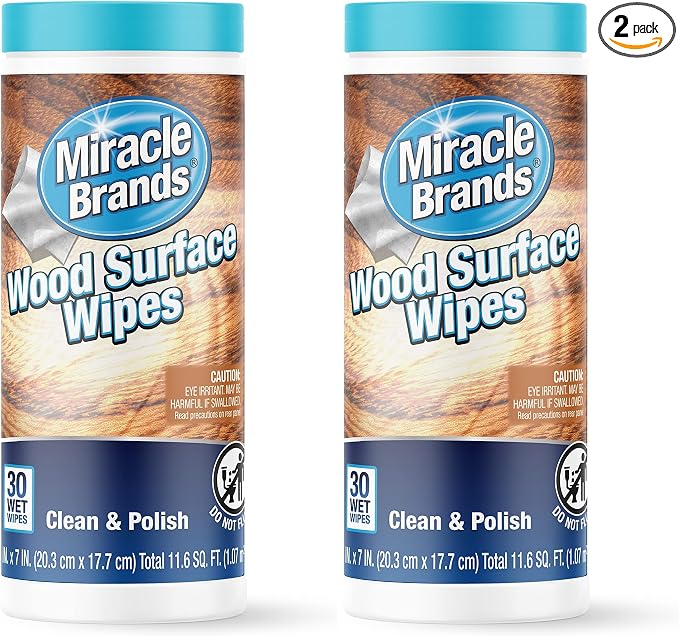 MiracleWipes for Wood Surfaces, Remove Dirt and Grime Buildup, Clean, Protect, and Polish Cabinets, Furniture, and Wood Floors, Great for Kitchen and Bathroom Cleaning Support - 30 Count (Pack of 2)