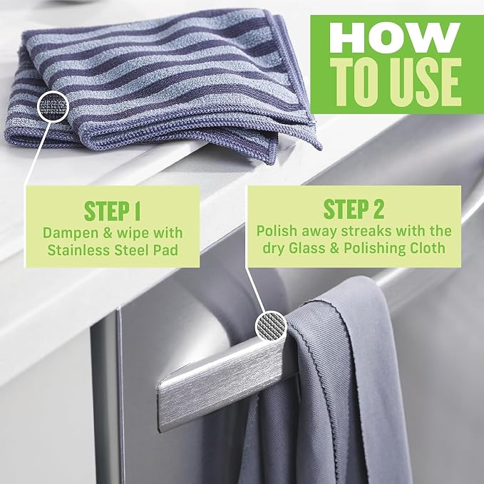 E-Cloth Stainless Steel Microfiber Cleaning Cloth Pack - Glass & Polishing + Stainless Steel Cleaner Cloth for Appliances, Cars & More, Reusable & Washable Microfiber Towels, Cleans with Water