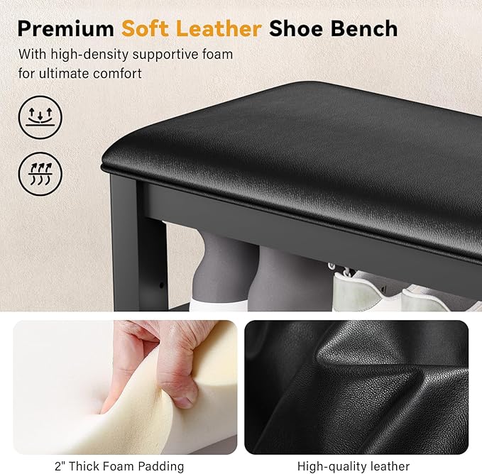 Taitiy Shoe Rack Bench Entryway Storage, Shoe Organizer Bench for Entryway, Ideal for Front Doors Entrances Hallway Mudroom Featuring Rubberwood and 3 Height-Adjustable Removable Shelve