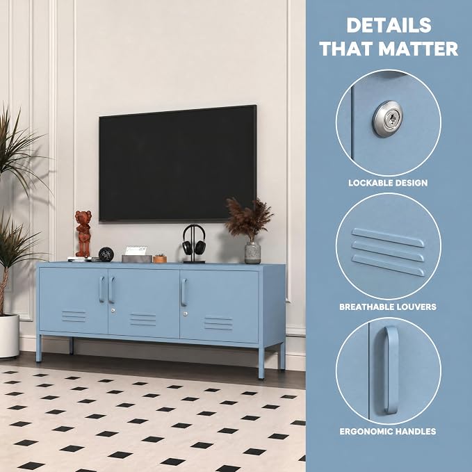Metal Storage Cabinet-22"Tall Steel TV Stand Cabinet Adjustable Shelves storage locker Lockable Blue Metal Cabinet for Home Office Bedroom Living Room Balcony Entryway Size：22" H X 47.3" W X 13.8" D