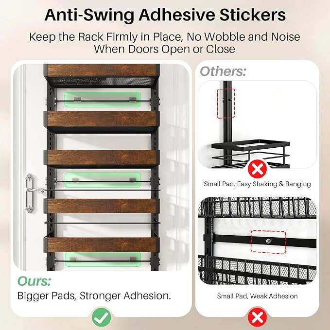 SNTD 8 Tiers Over the Door Organizer - Height Adjustable Pantry Organizers and Storage with Dense Mesh Baskets, Hanging Door Spice Rack for Kitchen Bathroom (Rustic Brown, 17" W x 6" D x 69" H)