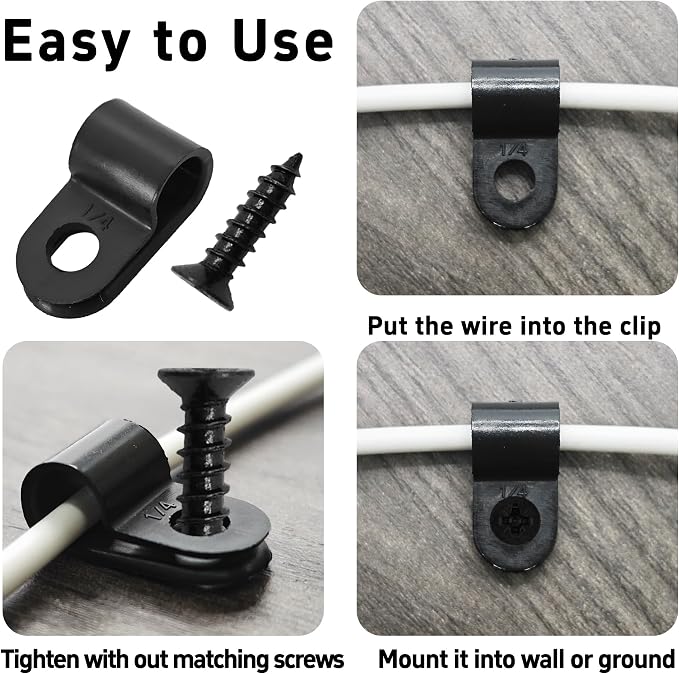 100Pcs R-Type Cable Clips 1/4" Black Nylon Plastic Wire Clamps with Mounting Screws, Cord Fastener Cable Management Organizer for Home Office Electrical Installation