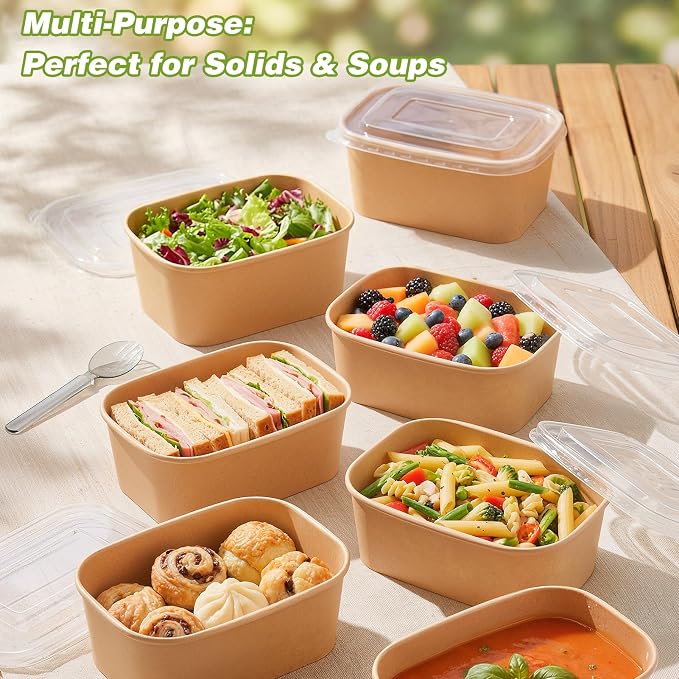60 Packs 35oz Disposable Meal Prep Containers with Lids, Leak-Proof Microwave/Freezer Safe Food Prep Containers with Utensils & Labels, Sturdy Kraft Paper Bowls for Weekly Meal Prep, Lunch & Leftovers