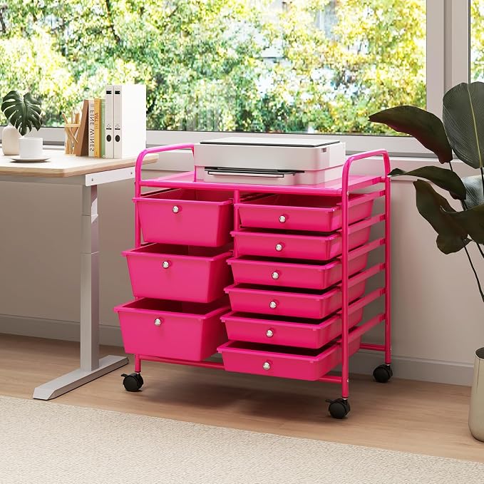 Moccha 9-Drawer Rolling Storage Cart - Under Desk Storage Drawers with wheels for Craft Art Supply Paper Salon, Scrapbook Paper Tools, Mobile Utility Cart for Classroom, Hot Pink
