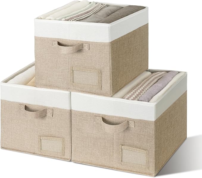 GRANNY SAYS Closet Storage Bins, Large Fabric Storage Bins, Collapsible Clothing Storage and Organization, Decorative Storage Bins, Khaki&Ivory, Large, 3-Pack