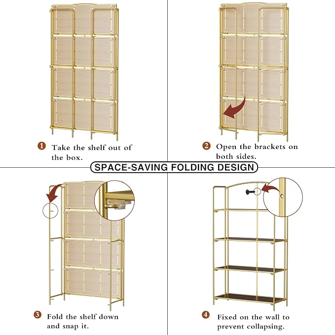 Crofy 4-Tier Wider Foldable Bookshelf, Gold Frame & Walnut Shelves | No-Assembly Collapsible Portable Storage Organizer; Sturdy Walnut Finish Shelves; Ideal for Living Room & Home Office