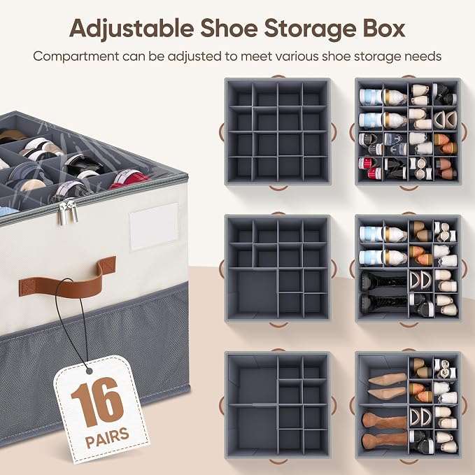 Shoe Organizer for Closet, 2 Pack Shoe Storage Containers with Adjustable Dividers, Space Saving Shoe Box Organizers Bins with Clear Lids & 4 Handles, Fits 16-32 Pairs, Beige & Grey