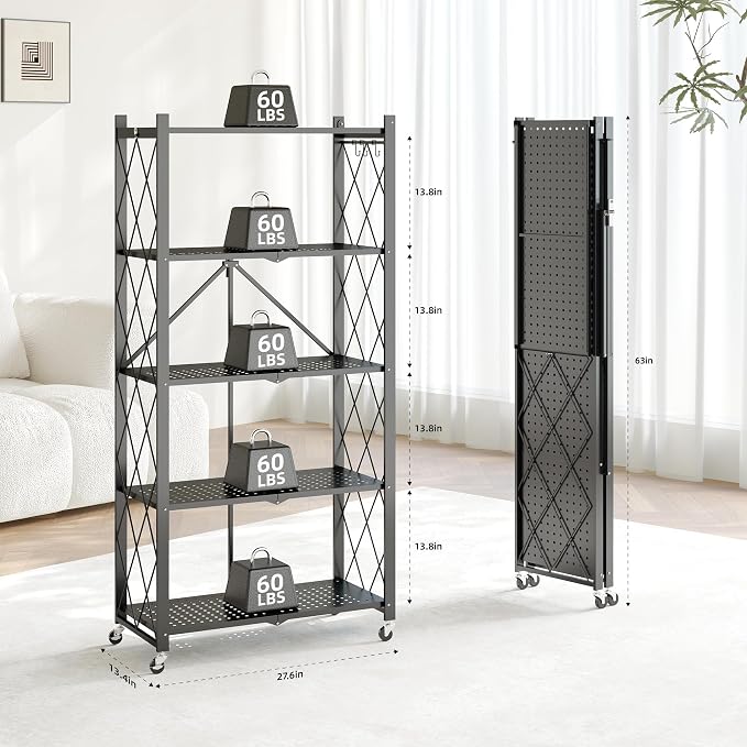 Fenbeli Foldable Shelves with Wheels - 5 Tier Folding Shelf, Collapsible No Assembly Metal Shelving Unit, Origami Storage Shelves & Rolling Storage Rack with 8 Hooks for Kitchen Pantry Garage