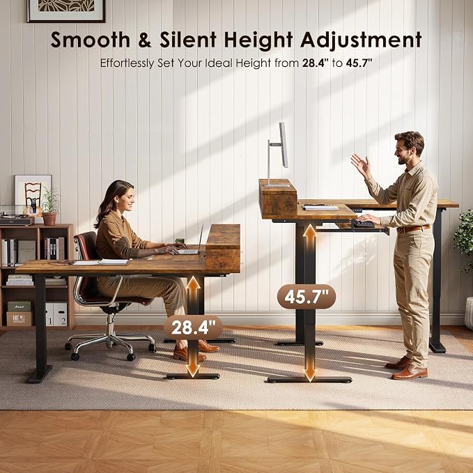 OffiGo 59 Inch L Shaped Electric Standing Desk with Drawers, Rustic Brown | Monitor Stand, Keyboard Tray, Fabric Drawer, Power Outlets, Height Adjustable Corner Stand Up Desk for Organized Home Office