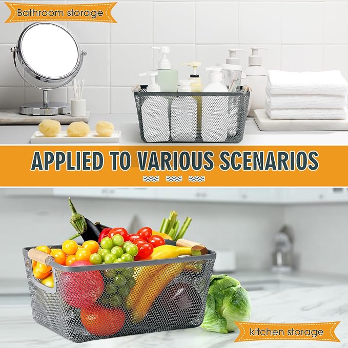 Ziliny 4 Pcs Metal Mesh Wire Baskets with Wooden Handles for Organizing, Pantry Organizers and Storage Steel Bin Kitchen Baskets for Fruit Potato Onion Snacks Bathroom Cabinet(Medium,Dark Gray)