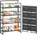 4NM No Assembly Extra Wide 4 Tiers Folding Bookshelf Storage Shelves Vintage Bookcase Standing Racks Study Organizer Home Office (All Black)