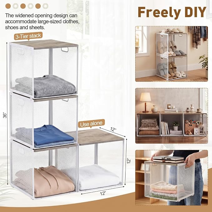 AceOrbit 3 Pcs Widened Stackable Closet Organizers and Storage with Wood Foldable Top Metal Cube Closet Shelf DIY Space Saving Linen Clothes Shoe Bed Sheet Bin for Wardrobe Bedroom(12"x12"x12", Light)