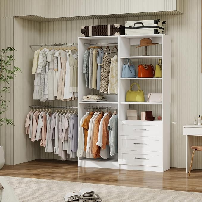 Closet System with 6 Drawers, 8FT-21FT Wooden Organizer System | 81"Tall Modular Walk In Closet System with 8 Hanging Rods&Adjustable Shevles,Standalone Closet System System, 4Set,White