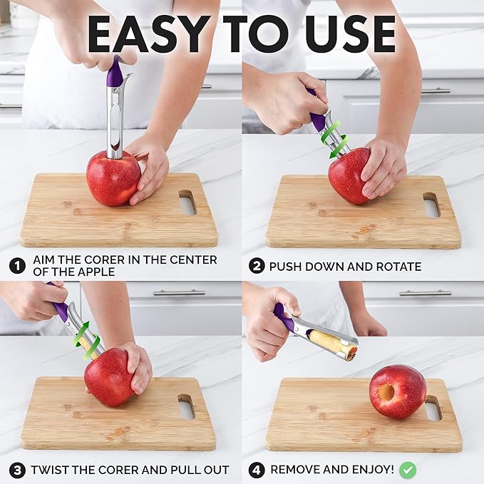 Zulay Kitchen Ultra Sharp Apple Corer Tool - Stainless Steel, Sharp & Serrated Blade Cores in Seconds - Easy to Use & Clean, Durable Apple Core Remover for Apples & Small Fruits - Purple