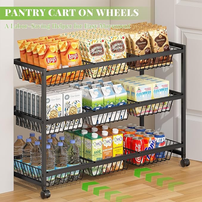 3-Tier Rolling Pantry Cart on Wheels with 9 Removable Baskets, Sturdy Pantry Floor Organizer and Storage, Kitchen Storage Cart for Fruit Vegetables, Snack Organizer for Pantry Kitchen Living Room
