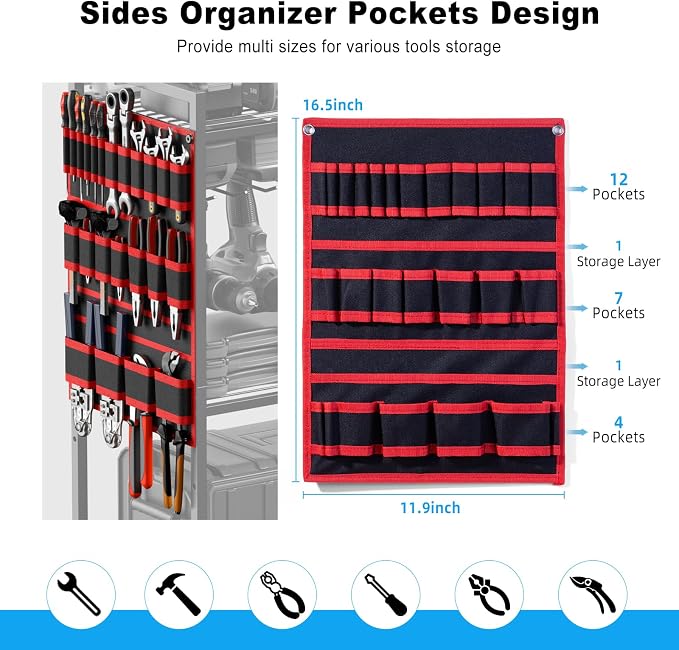 JUNNUJ Large Power Tool Organizer Cart with Charging Station, Garage Floor Standing Rolling Drill and Tools Battery Storage Cart on Wheels, Heavy Duty Utility Rack Shelf with 8 Outlet Power Strip, Red