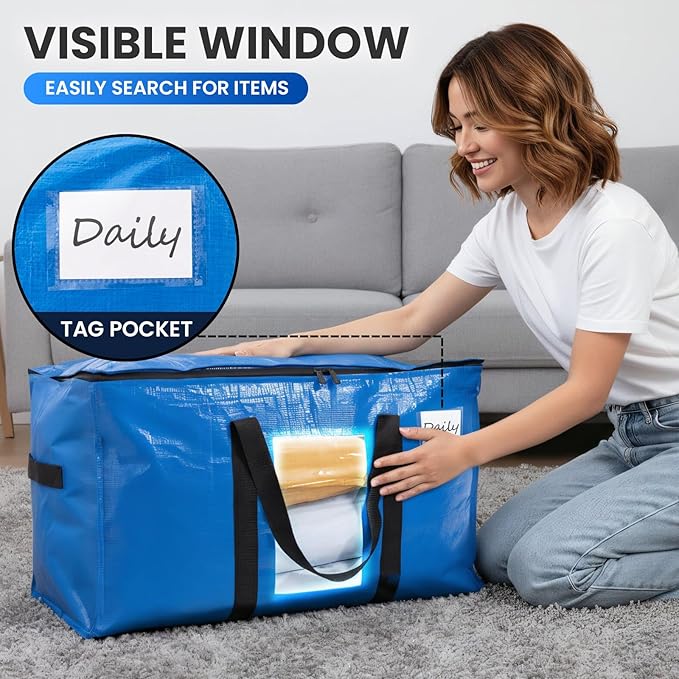 TAILI Extra Large Moving Bags, 8 Pack Blue Heavy Duty Totes For Storage with Visible Window, Wrap Around Handles, Storage Bags for Space Saving, Alternative to Moving Boxes