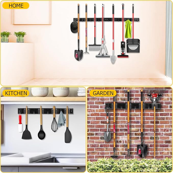 2 Pack Wall Mount Broom Holder with Sliding 3 & 4 Racks 4 Hooks，Mop Hanger | 15-30'' Broom Hanger Wall Mount,Aluminum Alloy Broom Holder Wall Mount,Broom and Mop Organizer Wall Hanging,Broom Holder