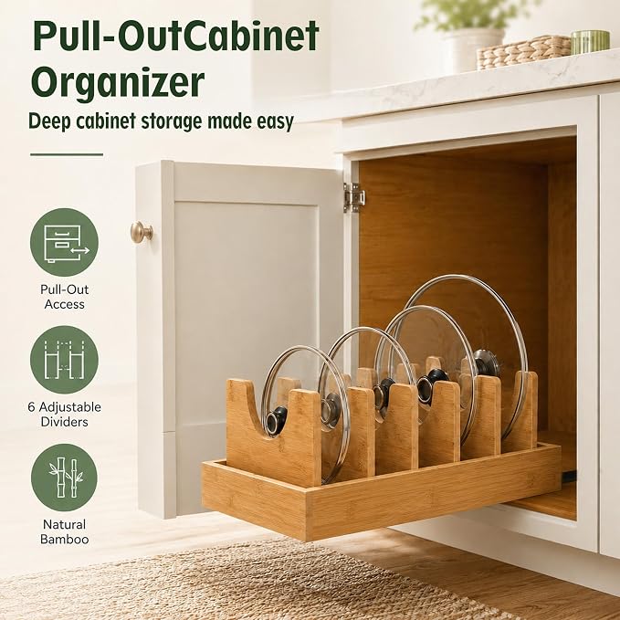 Pull Out Pots and Pans Organizer, Bamboo Cabinet Storage Rack | Pots and Pans Organizer Under Cabinet, Bamboo Sliding Rack with Adjustable Dividers for Lids, Bakeware, Cutting Boards