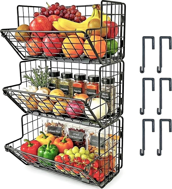 3-Tier Fruit Basket for Kitchen, 2-in-1 Countertop & Over Cabinet Door Hanging Organizer, Heavy Duty Fruit & Vegetable Storage Rack with Anti-Slip Liners, No Drilling