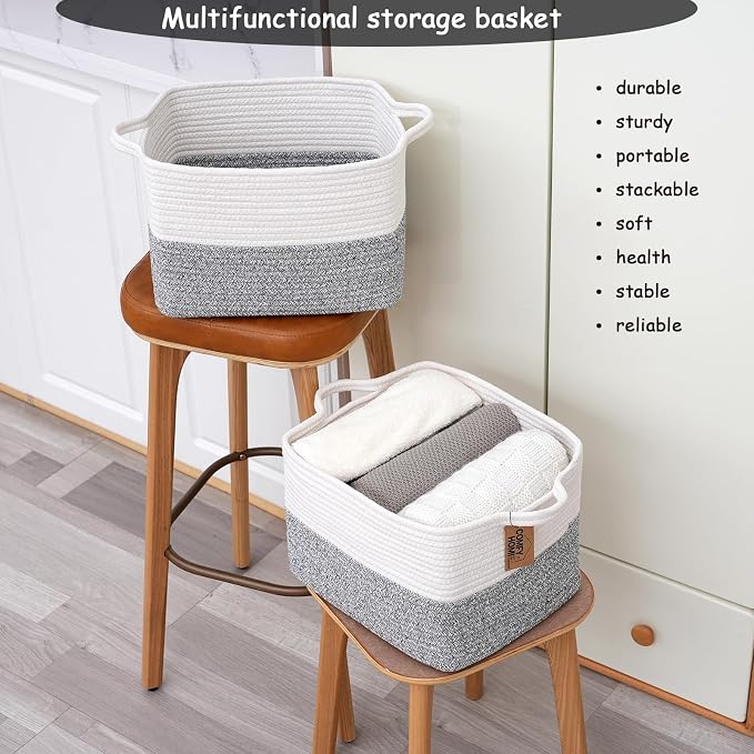 COMFY-HOMI Cotton Rope Woven Basket with Handles for Shelves,Toys,Book, Cloth Storage Baskets Bin for Organizing- 1 PCSToy Decorative Organizer for Living Room, Bathroom