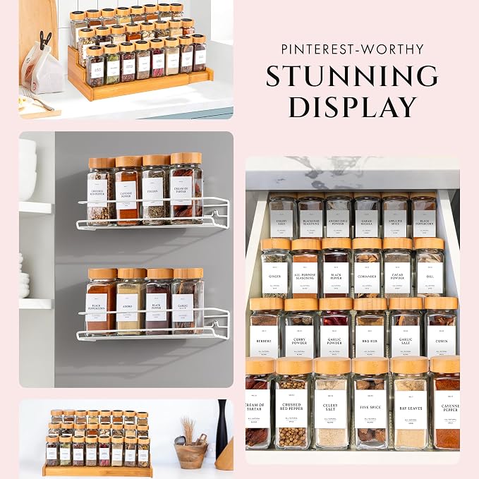 FINESSY Bamboo Glass Spice Jars with Labels and Shaker Lids Clear Empty 4oz 24 Pack Bottles Set, Glass Spice Containers with Labels, Seasoning Organizer Jars