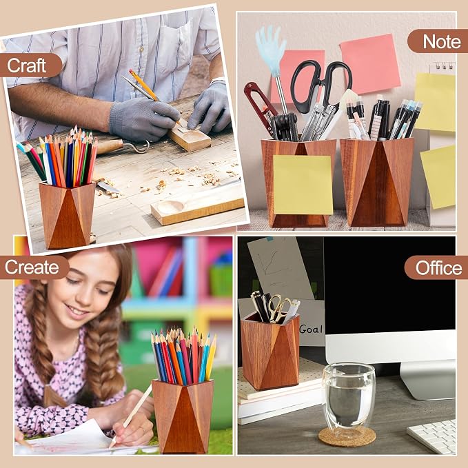 Henoyso 2 Pcs Wood Pen Pencil Holder Geometric Pencil Cup Stand Makeup Organizer for Pen Holder Desk Home Office Adults (Acacia Wood)