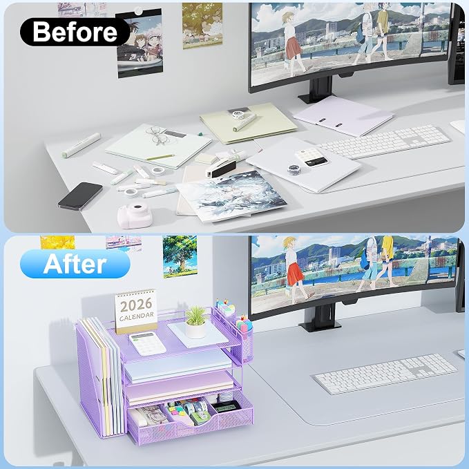 gianotter Desk Organizers and Accessories with File Holder, 4-Tier Desk Accessories & Workspace Organizers with Drawer and 2 Pen Holder, Paper Organizer for Office Supplies (Purple)