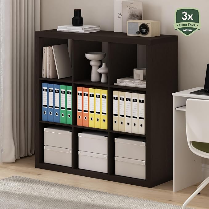 Furinno Cubicle Book Shelf, 9-Cube Bookshelf, Triple Thick Frame Cube Storage Organizer, 1.65" Bookcase, 15.4" x 43.8" x 43.4", for Home Office, Living Room, Black Oak
