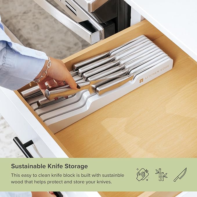 KitchenEdge In-Drawer Knife Block Holder, 11 Slots, White | Fits most knife sizes, rubber feet, food-safe finish