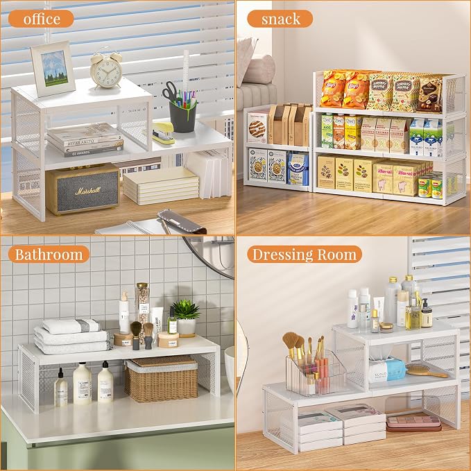 Expandable Closet Organizers and Storage, 2 Pack Stackable Closet Shelves, Metal Clothes Sweater Shelf Organizer for Closet, Multifunctional Storage Basket for Office Bathroom Bedroom Dressing, White