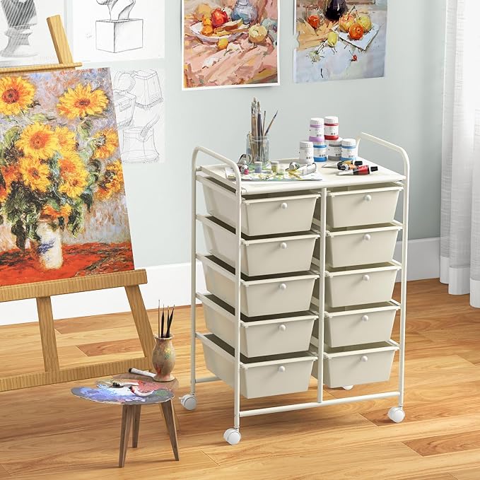 BECOMFORT 10-Drawer Rolling Cart with Drawers, Storage Cart on Wheels, Teacher Classroom Organizers with Metal Frame, Mobile Craft Cart, Trolley Utility Cart for School Office Play Room