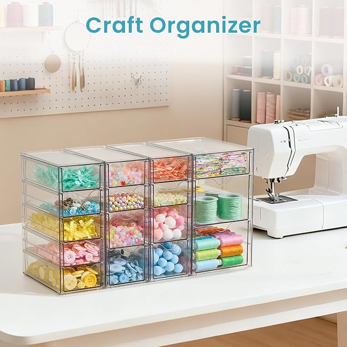 Vtopmart 4 Set Clear Desk Organizer, Acrylic Pen Organizer with 16 Drawers | Desktop Organization and Storage, Clear Storage Drawers for Office Supplies, Pen, Makeup, Art Craft, Jewelry, Nail