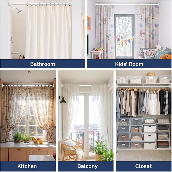 Heavy Duty Tension Shower Curtain Rod 48-74 Inch White | Rustproof Steel, Drill-Free Mount, Adjustable Rods for Bathroom Sliding Door Patio Living Room, Non-Slip No-Tools Install