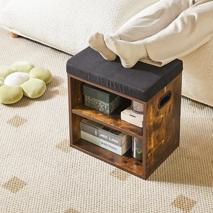 YMYNY Small Shoe Storage Bench with Cushion, Rustic Brown, HBD028H | 2 Tier Entryway Bench with Storage, Small Shoe Rack Bench with Adjustable Shelf for Entryway 11 x 15.3 x 16.5 Inches