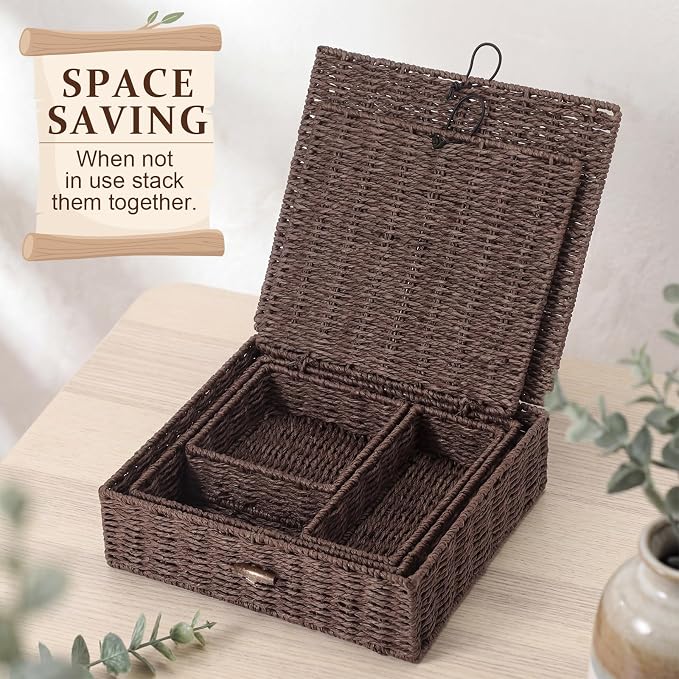 Newtay Set of 4 Woven Wicker Storage Baskets with Lids, Decorative Storage Boxes Lidded Rattan Organizer Bin Home Decor for Shelf, Coffee Table, Closet, Bathroom, Living Room