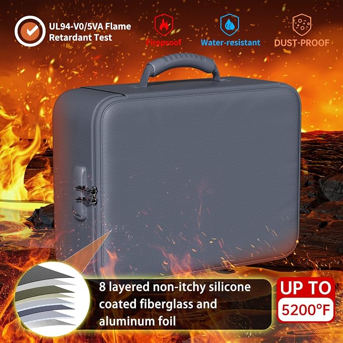DocSafe 5200°F Fireproof Document Organizer Box with Lock, Gray (Soft) | Heat Insulated 8 Layers File Protection Bag,Water-Resistant Zipper,Portable Home Office Travel Safe Storage for Files,Laptop