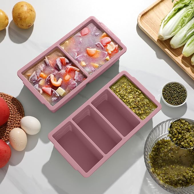 Silicone Freezer Molds for Soup with Lid, 1-Cup & 2-Cup Large Ice Cube Trays Food Storage Containers for Meal Prep, Freeze 500mL/250mL/125mL Portions – 2 Pack