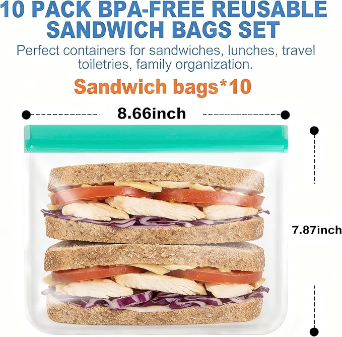 10 Pack Reusable Sandwich Bags, Dishwasher Safe Freezer Bags, BPA Free & Leakproof Reusable Lunch Bag for Salad Fruit Travel and Marinate Meats, Cereal, Lunch, Veggies（Green）