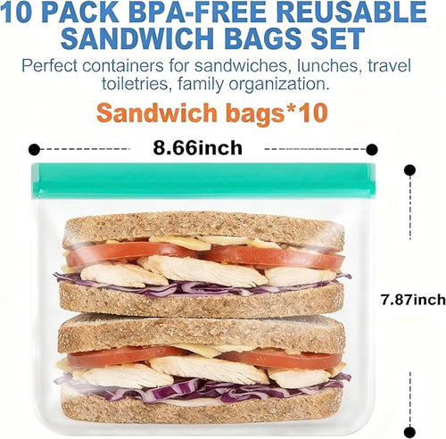 10 Pack Reusable Sandwich Bags, Dishwasher Safe Freezer Bags, BPA Free & Leakproof Reusable Lunch Bag for Salad Fruit Travel and Marinate Meats, Cereal, Lunch, Veggies（Green）