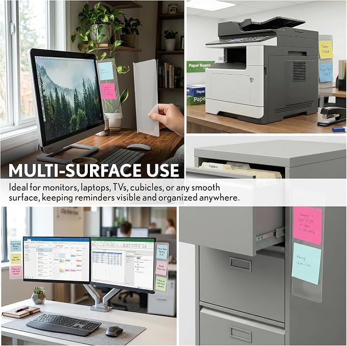 Computer Monitor Memo Board 2 Pack Sticky Note Holder, Semi-Transparent Flexible PVC, Monitor Adhesive Message Boards, Desk Accessories & Workspace Organizers, 12" L x 3" W, Non-Acrylic