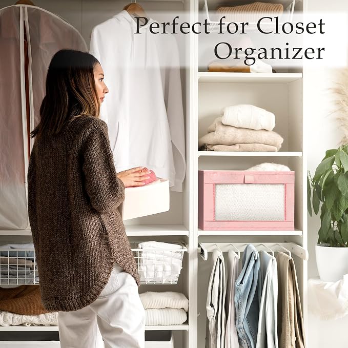 Criusia 6 Pack Linen Closet Organizers and Storage, Large Linen Closet Baskets for Organization, Foldable Storage Containers for Clothing, Towels, Jeans, Books, Shelves, Pink