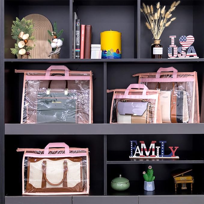 Handbag Dust Bags Clear Purse Storage Organizer for Closet Small to Extra Large Handbags Dust Free Bags Hanging Zipper Storage Bag with Hooks, (Pink, 4 Sizes-8PCS)