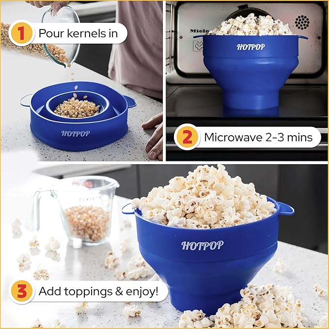 The Original Hotpop Microwave Popcorn Popper, Silicone Popcorn Maker, Collapsible Bowl BPA-Free and Dishwasher Safe- 20 Colors Available (Blue)