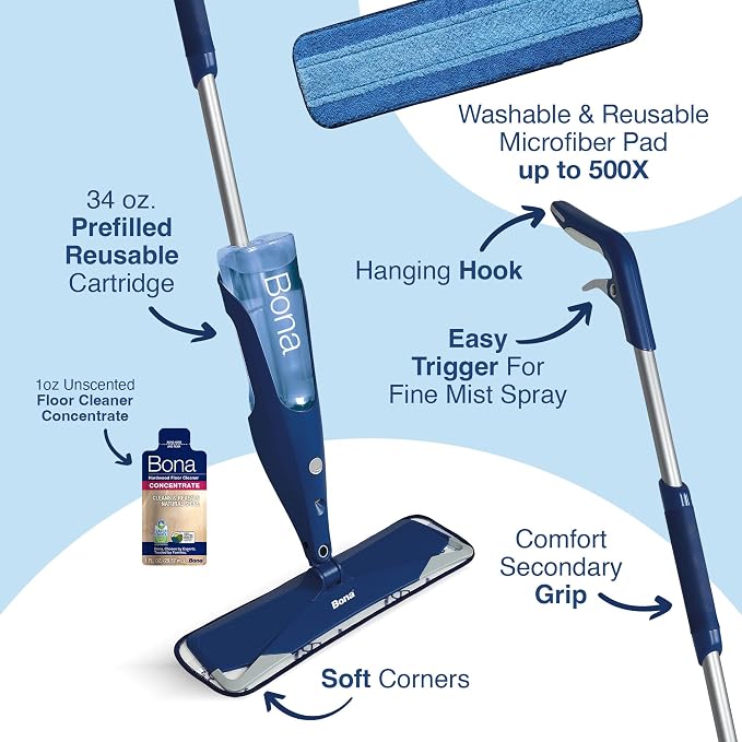 Bona Hardwood Floor Premium Spray Mop - Includes Wood Floor Cleaning Concentrate and Machine Washable Microfiber Cleaning Pad - Dual Zone Cleaning Design for Faster Cleanup