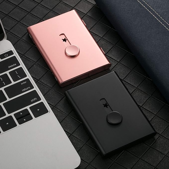 Tatuo 2 Pcs Black/rose Gold 2 Pack Thumb Drive Business Card Holder Stainless Steel Business name Card Case Portable Slide Out name holder Wallet Nice Design pocket for Men and Women