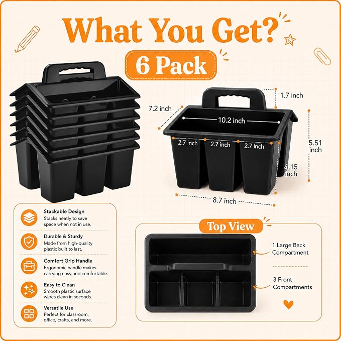 Classroom Caddy with Safe Handle, 6 Pack Plastic Organizer with 4 Compartments, Teacher & Kids Supply Caddy for Crayons, Markers, Desk, Cleaning & Bathroom Storage (Black)
