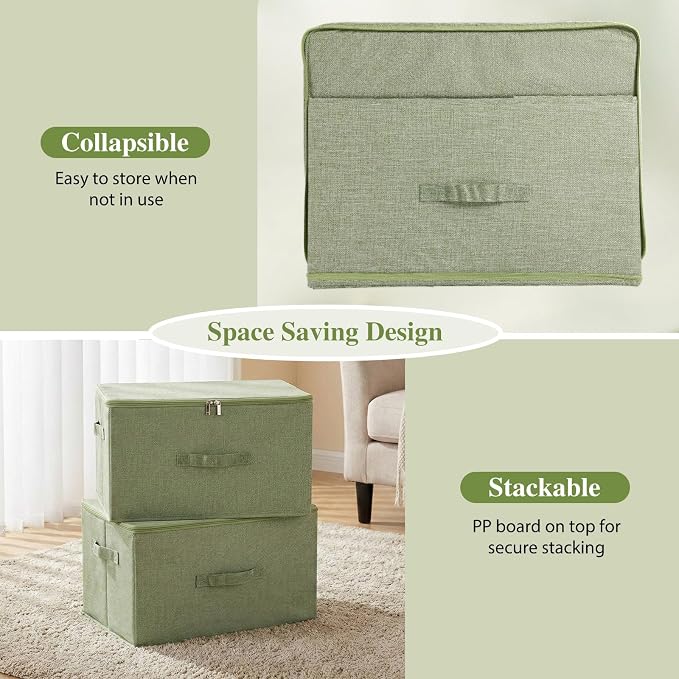 ANMINY 3PCS Storage Bins with Zipper Lids 36 Qt Lidded Fabric Storage Boxes Baskets Cubes with Handles Collapsible Washable Cotton Linen Closet Shelf Clothes Organizer Containers - Green, Large