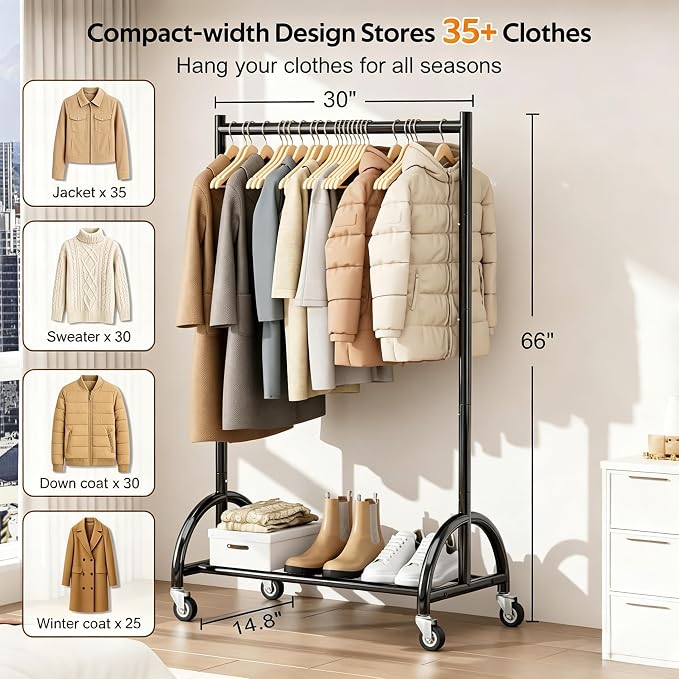 MISSLO Heavy Duty Clothing Rack with Wheels Rolling Clothes Racks for Hanging Clothes, Coats, Garment, Dress, Black, 30" W
